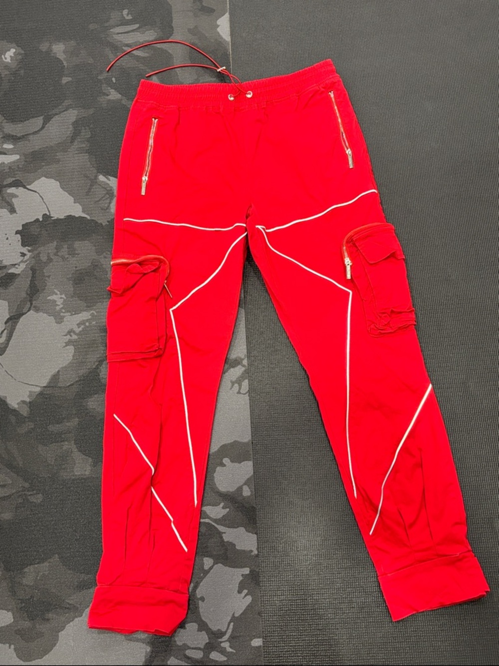Red Men's Cargo Track Pants with Reflective Trim